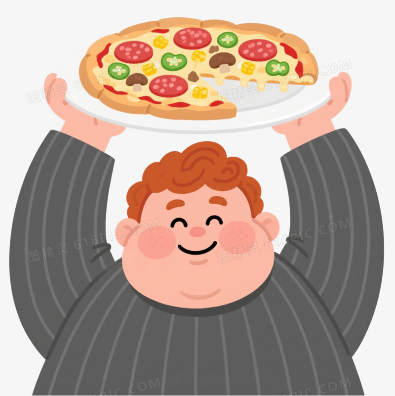 胖男托披萨卡通手绘元素