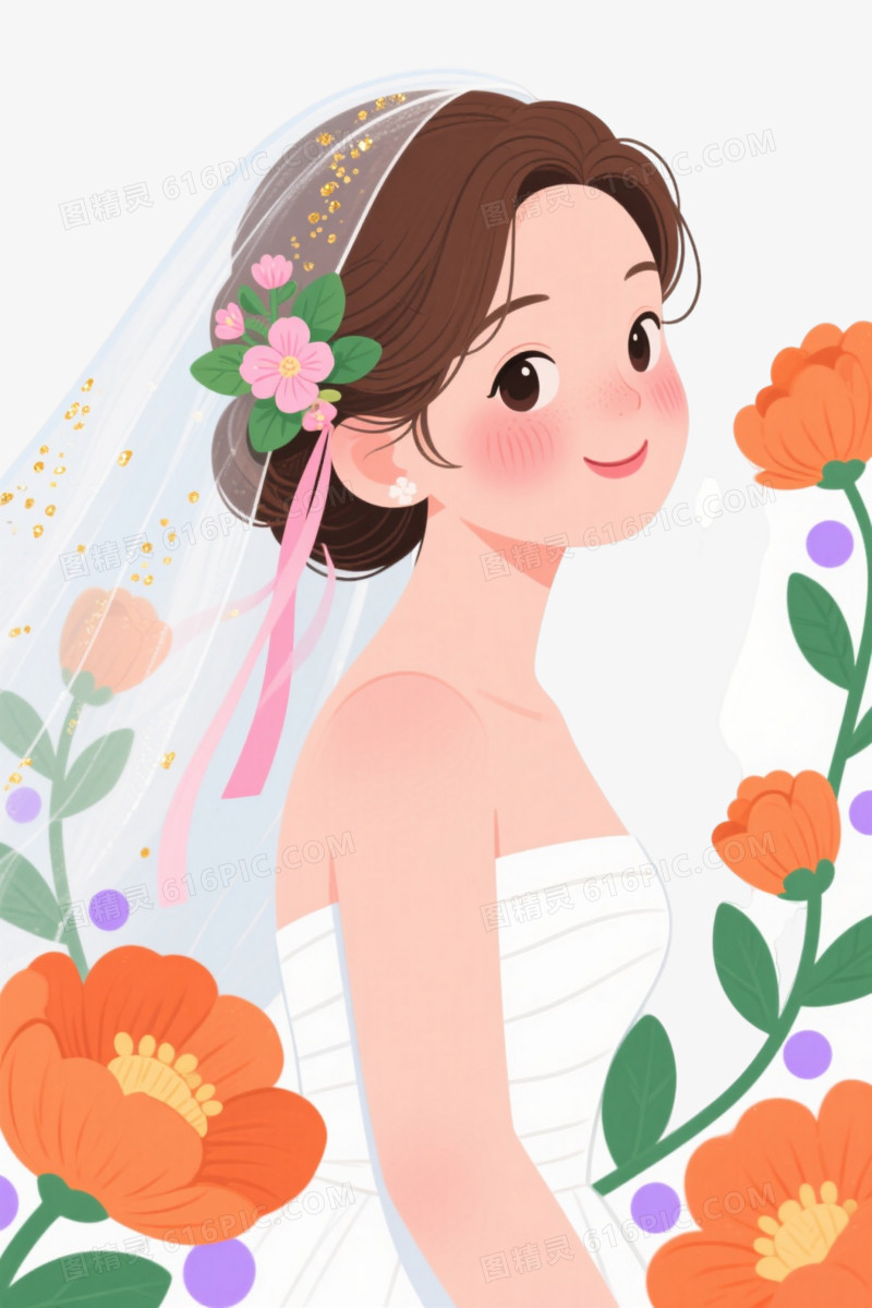 新娘侧脸扁平插画元素
