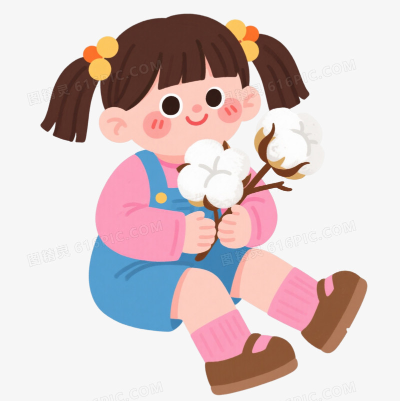 棕发女孩抱棉花卡通手绘元素