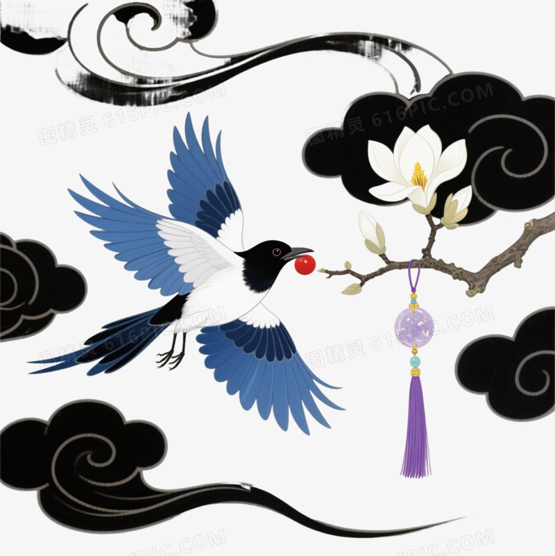 蓝白喜鹊衔果玉兰中国风插画元素
