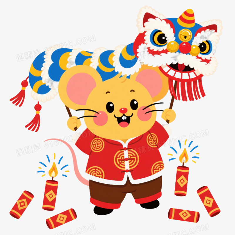 黄鼠舞狮卡通手绘元素