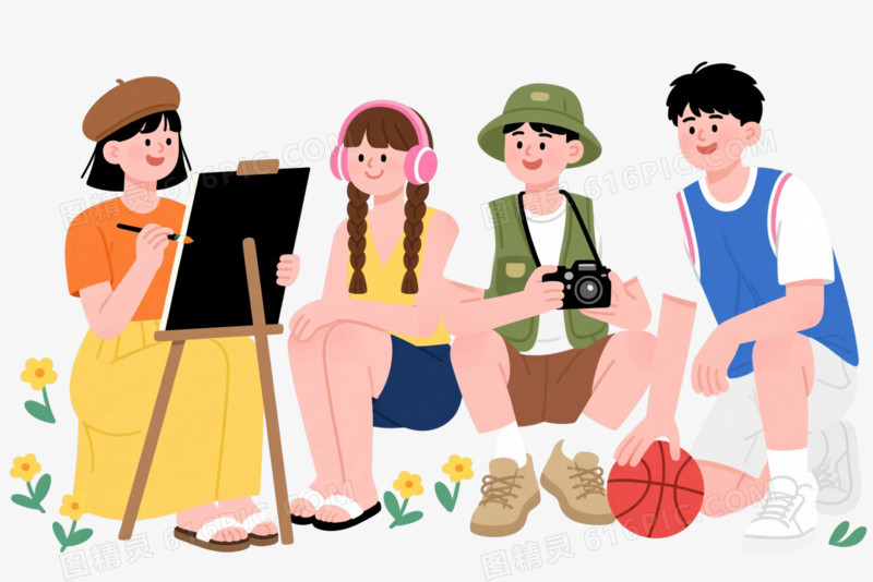 四位学生扁平插画风格卡通手绘元素