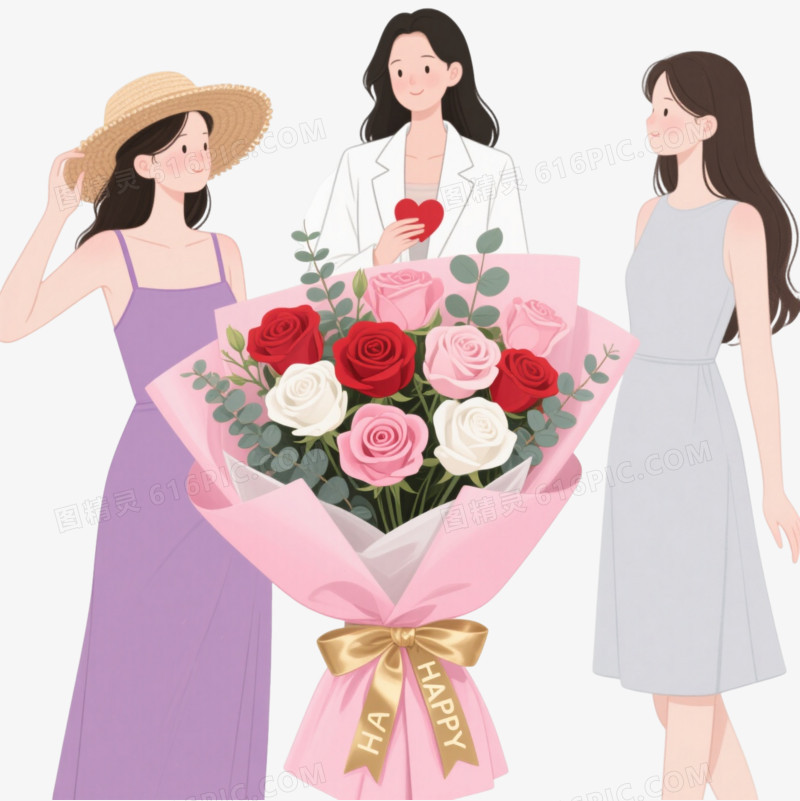 粉色玫瑰花束插画风格卡通手绘元素