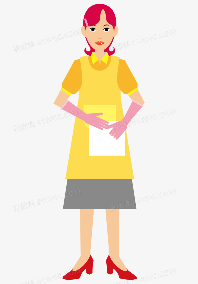 卡通手绘黄色裙子家政女人