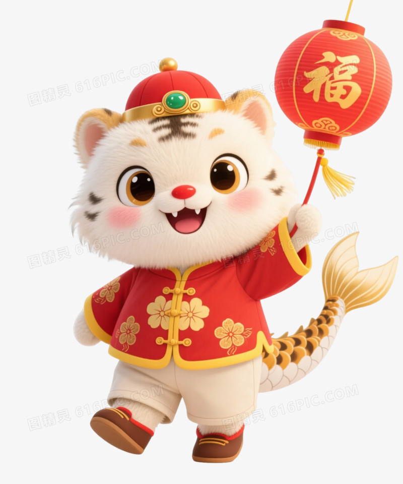 米白金边卡通小兽中国风喜庆插画元素