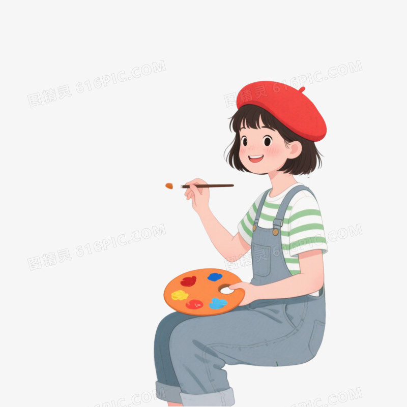 戴红贝雷帽女孩插画风格卡通手绘元素