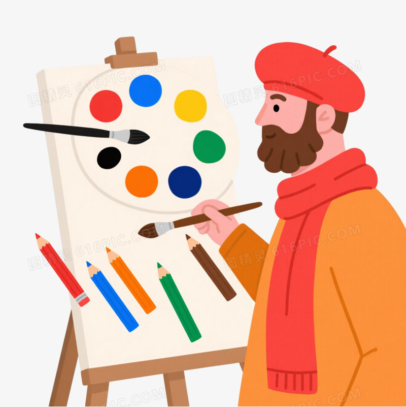 扁平插画风格画家绘画工具元素