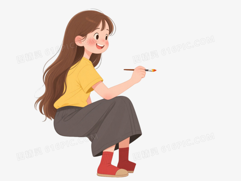 明黄女孩插画风格卡通手绘元素