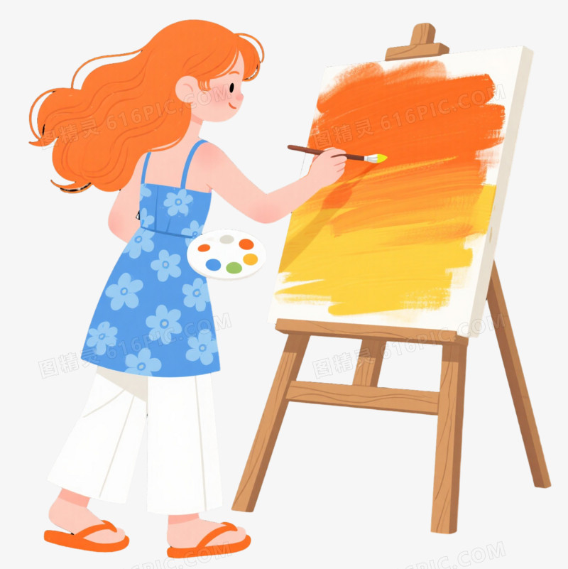 橙发少女扁平插画元素
