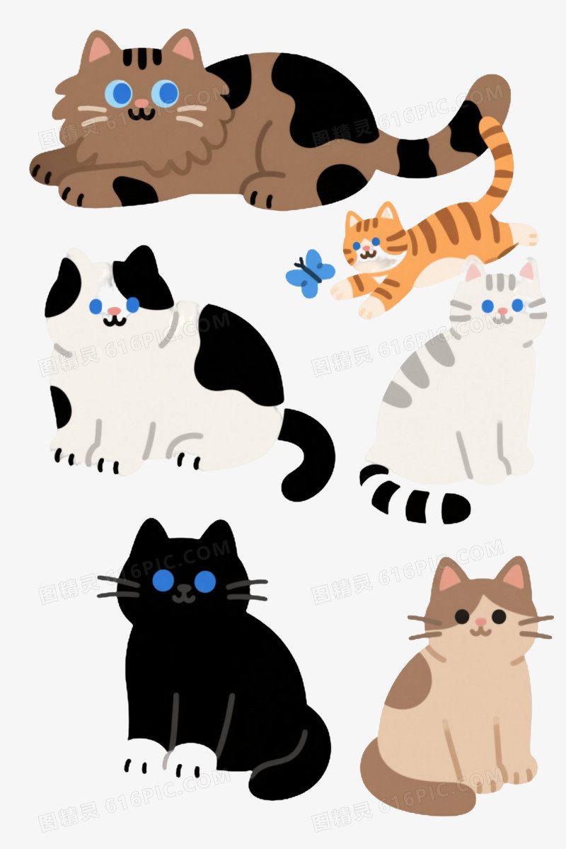 六只可爱卡通猫咪卡通手绘元素