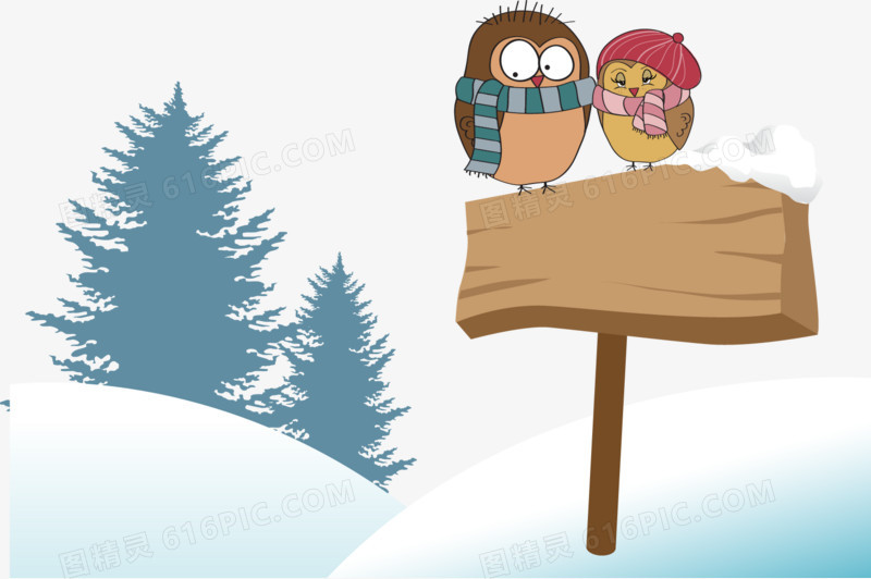 矢量手绘雪地里插着一块木板上面落着两只小鸟