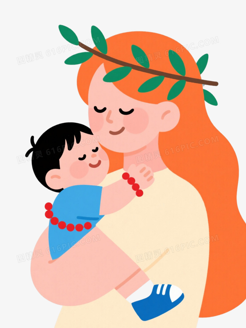 橙发母子扁平插画元素