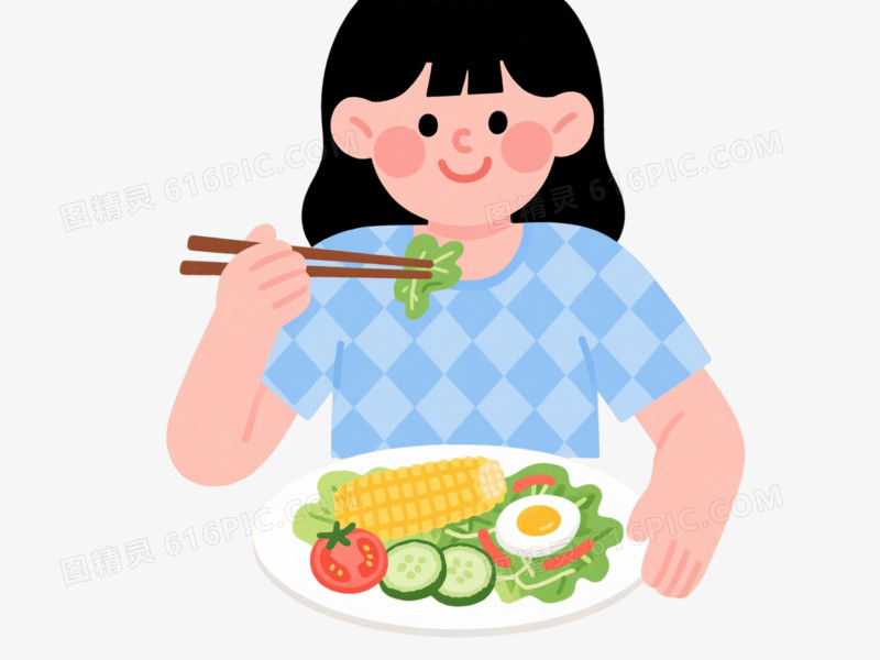 扁平插画黑长直少女用餐元素