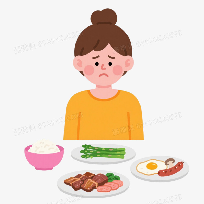 棕丸子头愁容女扁平插画元素