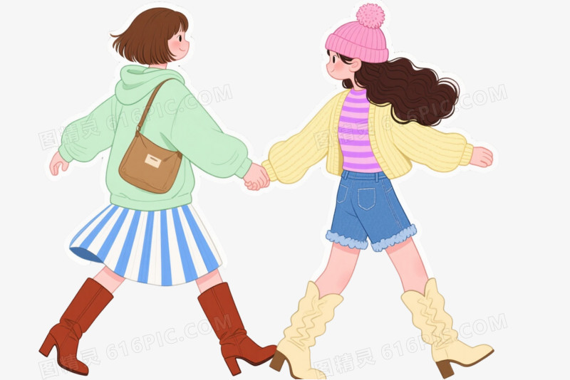 双女孩手牵手插画风格卡通手绘元素