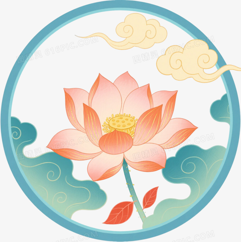 淡蓝双线莲花中国风边框纹理