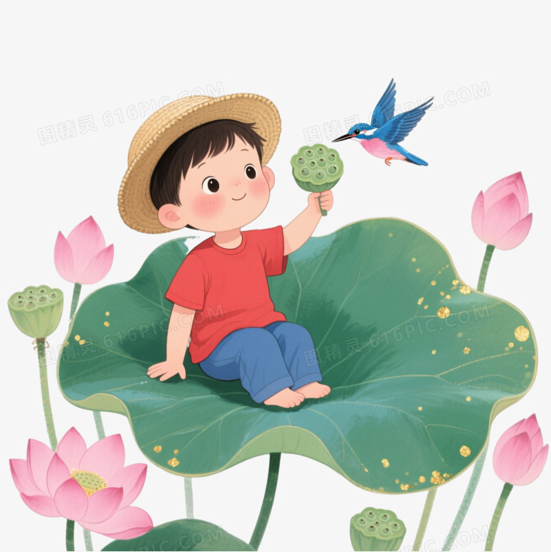 水墨淡彩小男孩卡通手绘元素
