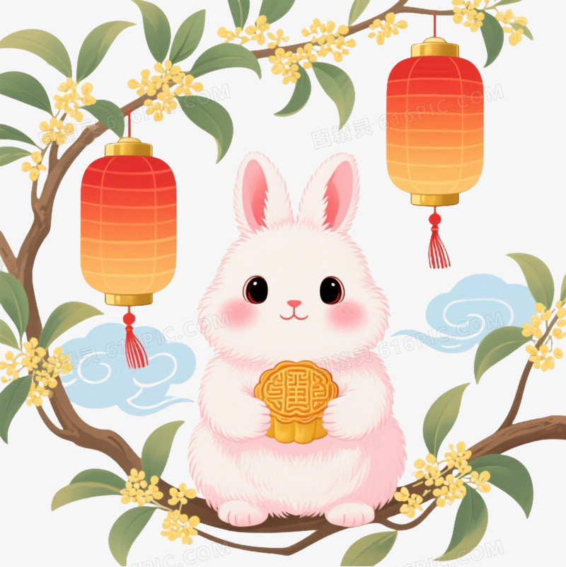 粉白玉兔捧月饼中国风插画元素