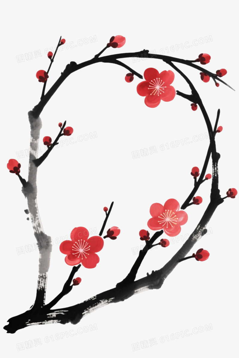 水墨红梅枝条装饰图案图片免费下载_PNG素材_编号vd9irm4w0_图精灵