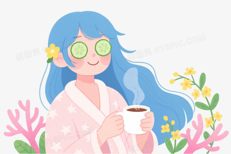 蓝发少女插画风格卡通手绘元素