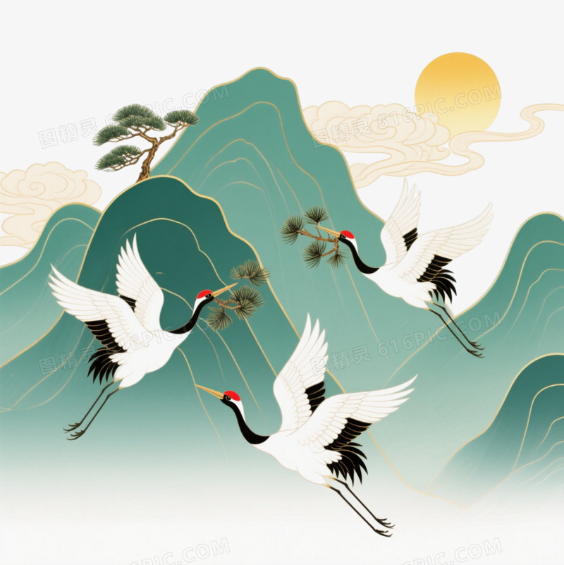 仙鹤衔松青绿山水漂浮元素图片免费下载_PNG素材_编号1yqin5o46_图精灵