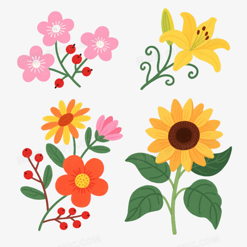 明快手绘花卉插画卡通手绘元素
