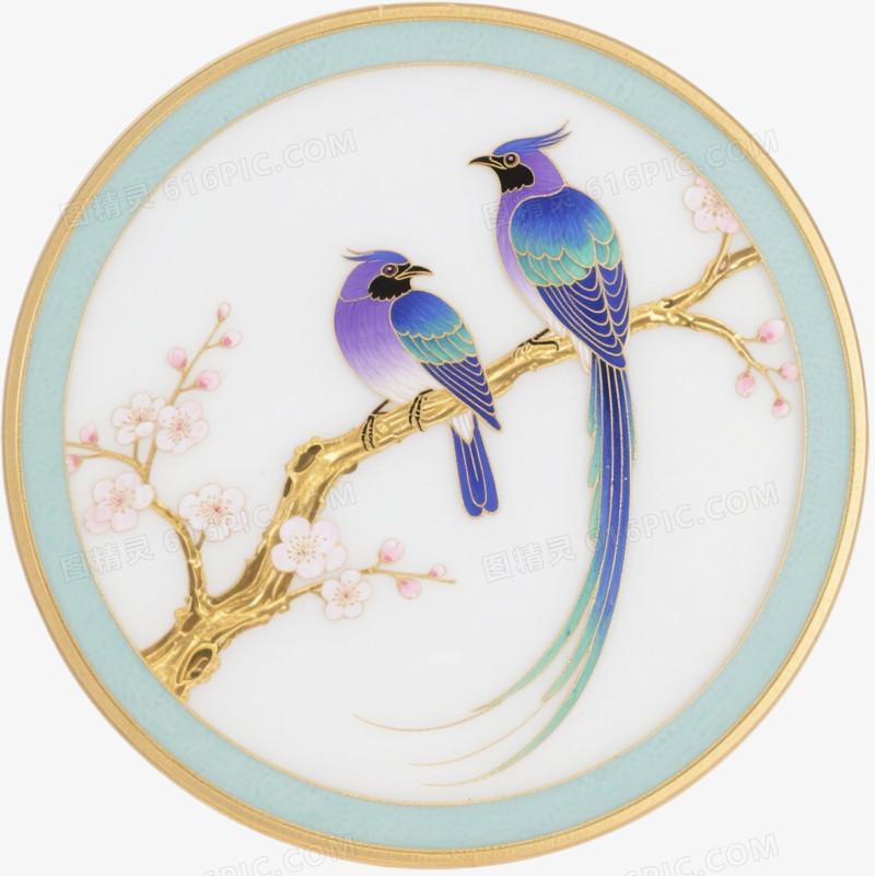 蓝紫长尾鸟工笔enamel装饰图案