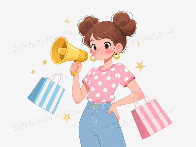 复古插画风少女漂浮元素