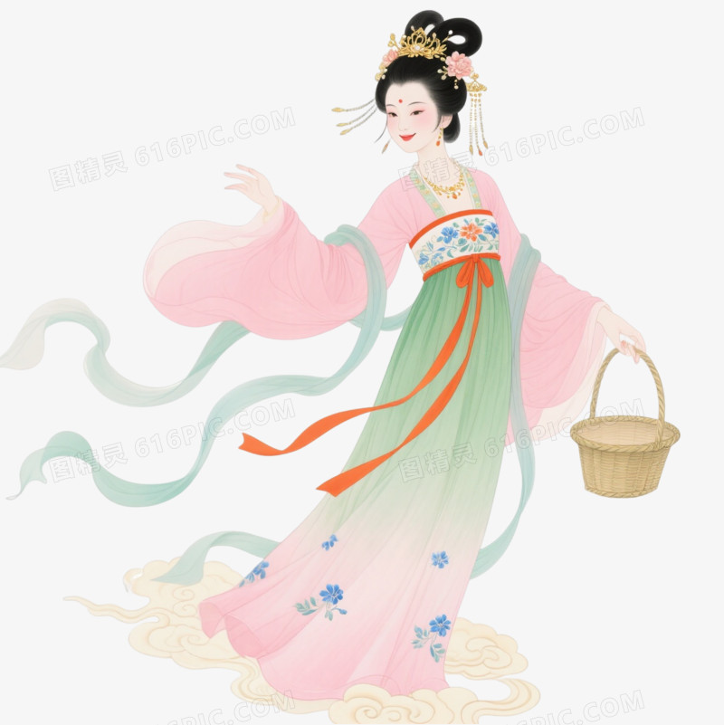 工笔重彩古风仙女漂浮元素