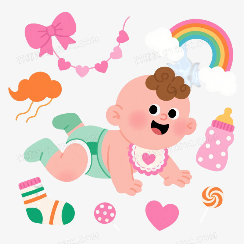 可爱婴儿扁平插画卡通手绘元素