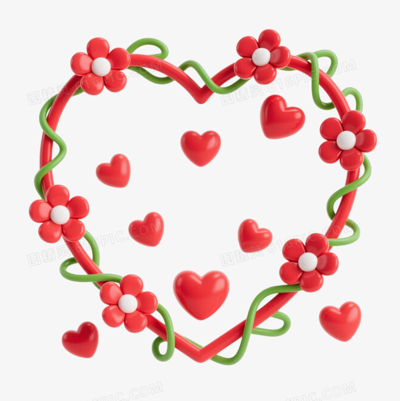 红白心形藤蔓花环漂浮元素