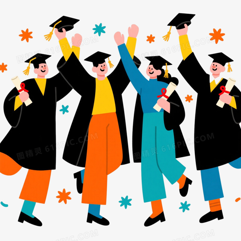 橙青配色毕业生漂浮元素