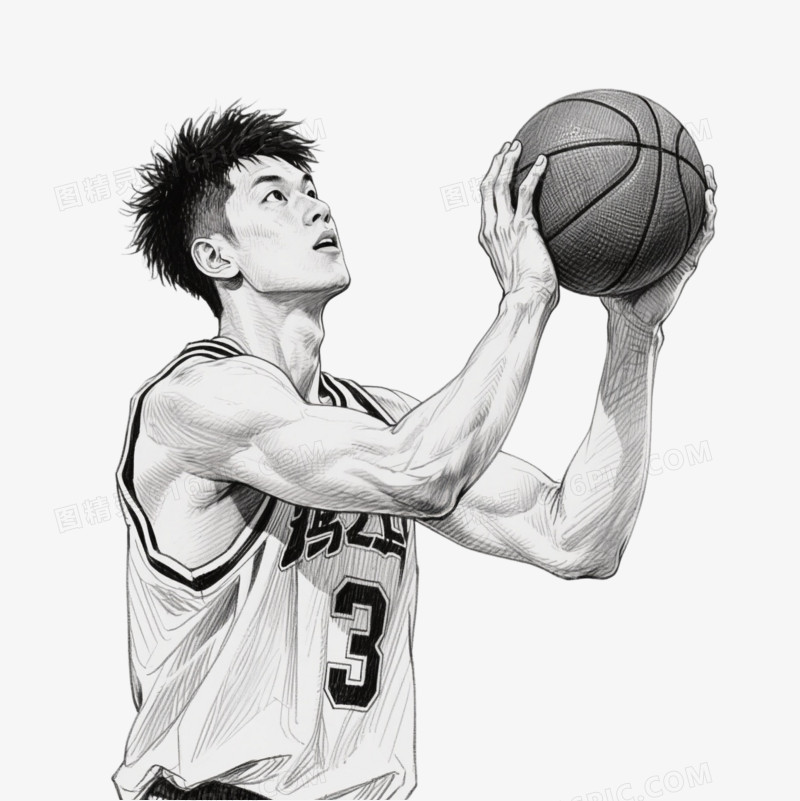 黑白钢笔素描篮球运动员元素