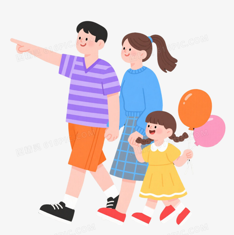 温馨一家三口卡通手绘元素