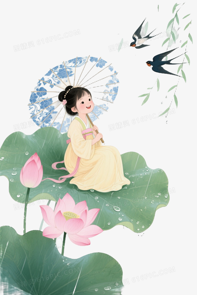 水墨淡彩雨中荷塘场景元素