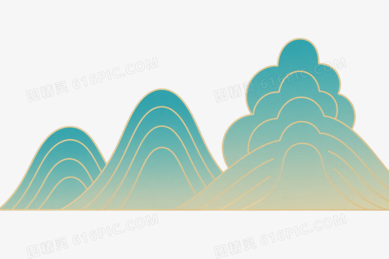 蓝绿金黄渐变线描山云漂浮元素