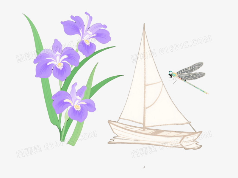 水墨小船蜻蜓兰花漂浮元素