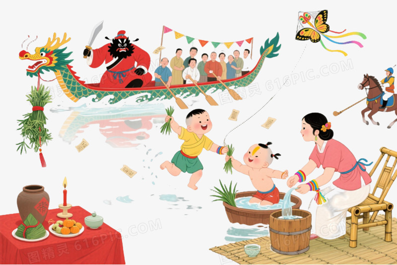 端午民俗场景中国风插画元素