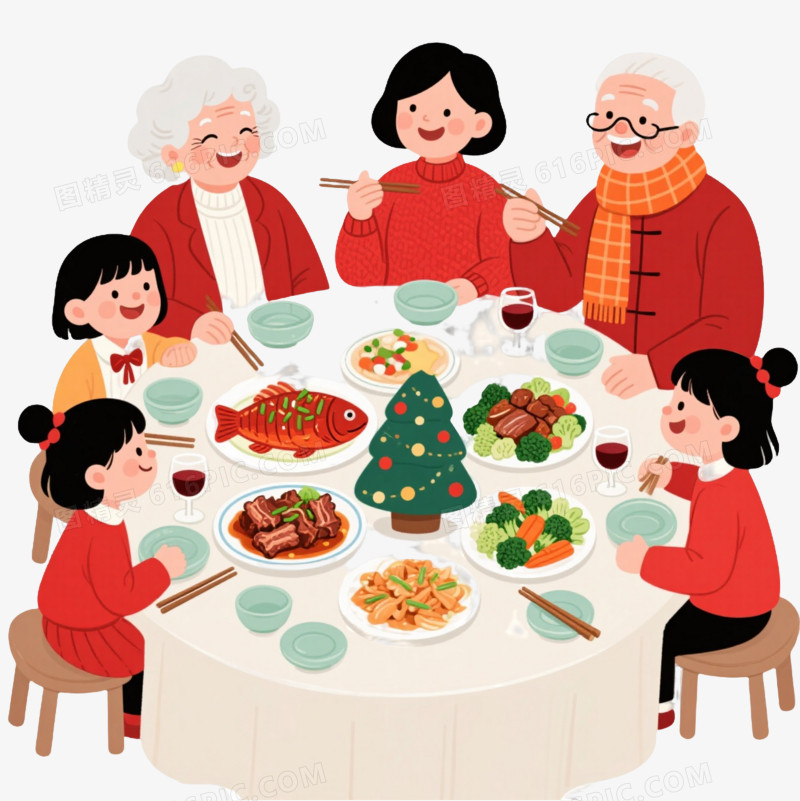 温馨六口之家聚餐卡通手绘元素