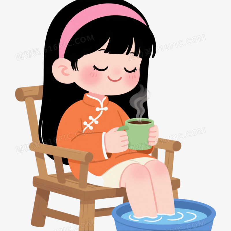 黑长直少女卡通手绘元素