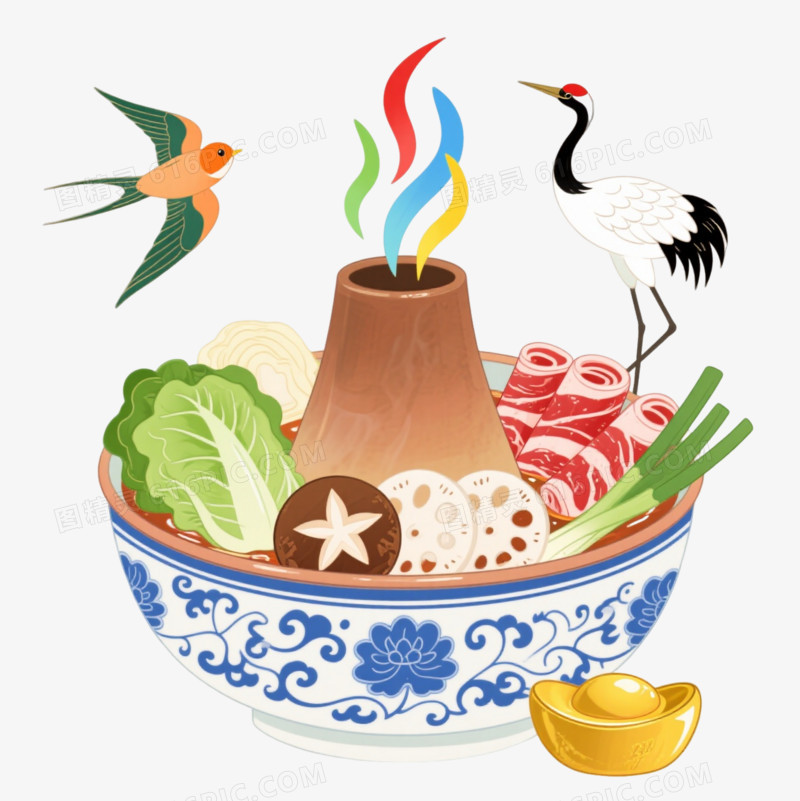 青花瓷火锅中国风插画元素