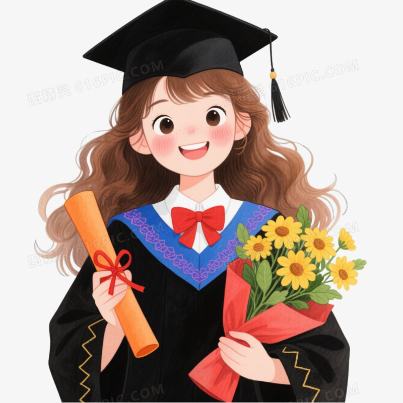 水彩毕业女生卡通手绘元素