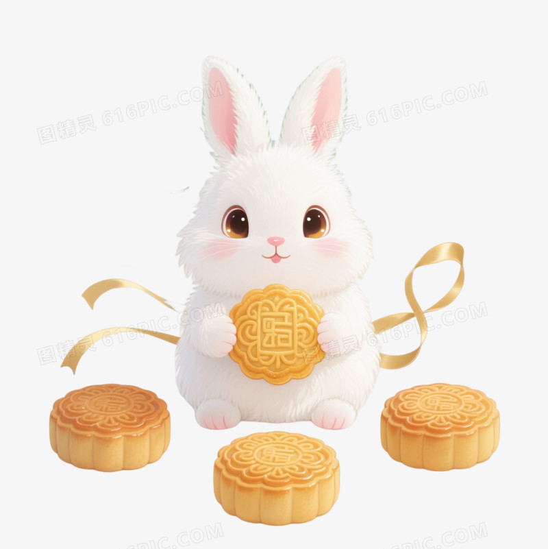 白玉兔捧月饼中国风插画元素