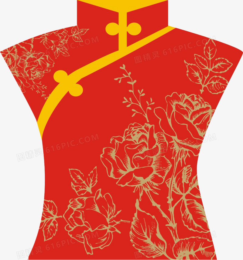 红色牡丹花纹盘扣旗袍
