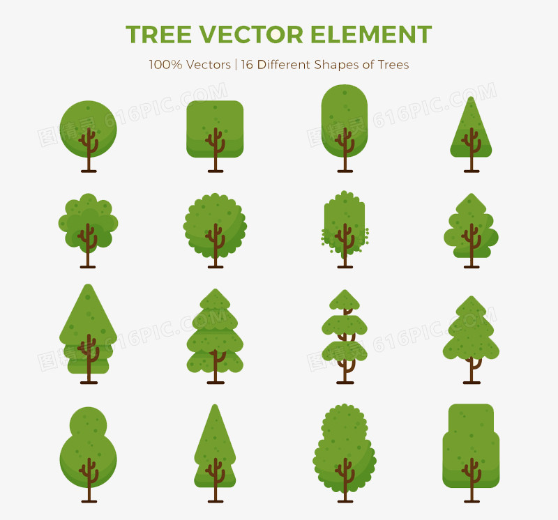 十六款绿卡通绿色树木设计矢量素材