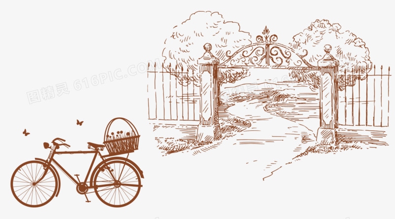 线稿手绘自行车门口插画