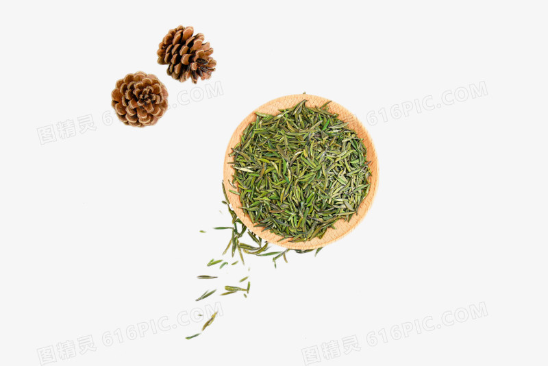 一盘干茶叶和两个松果