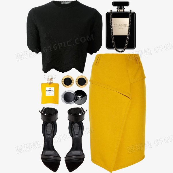 黑色上衣和黄色半身裙