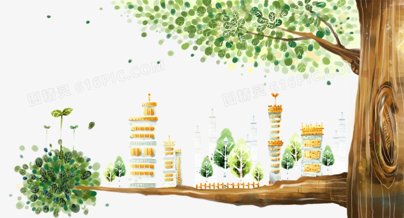 清新手绘城市与树
