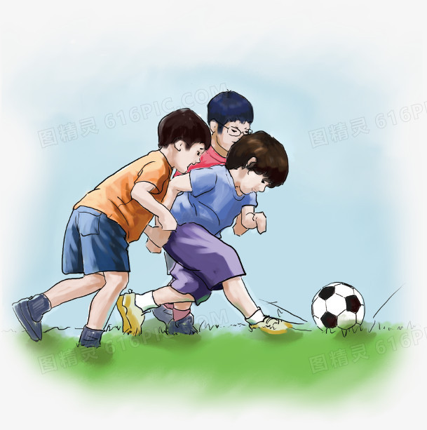 卡通手绘踢足球的孩子